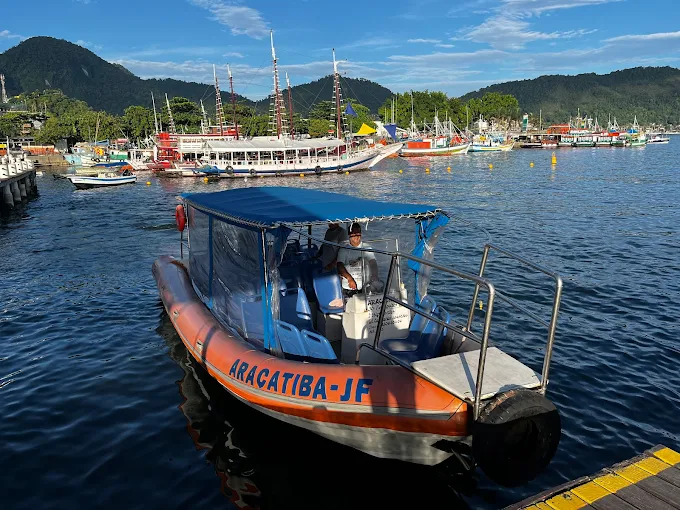 Flexboat Araçatiba-JF navegando na baía de Angra dos Reis com montanhas ao fundo